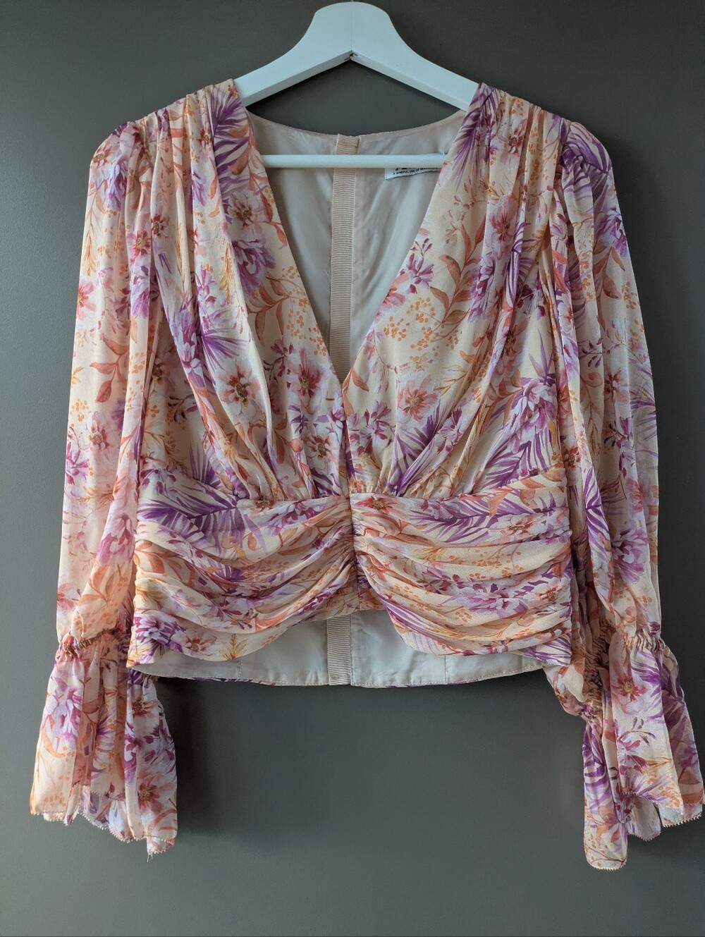 AMUR Gitana Silk Ruched Crop Blouse Cantaloupe Rosa Floral Zipper - Medium